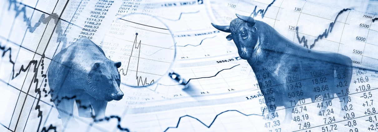 Bull, bear, charts and stock charts as symbols for the stock exchange